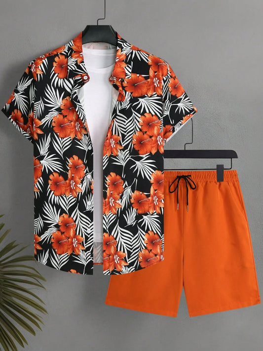 Genlund Plus Size Men Floral Print Single-Breasted Short Sleeve Top And Shorts Set,Burnt Orange Summer Boho Holiday Vacation Tropical Beach Hawaii Outfit