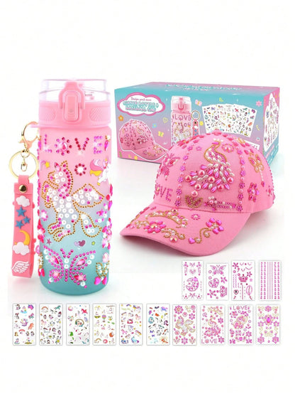 Gifts For Girls Age 4 5 6 7 8 9 10, Decorate Your Own Water Bottle And Baseball Cap, Birthday Gifts For Kids Ages 4-6, Fun Arts And Crafts Kit For Kids DIY Gift For Daughter Granddaughter 4-6 4-8