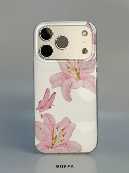 GIIPPA 1pc Pink Hibiscus And Butterfly Pattern Design, Phone 17 Pro Max Phone Case, Compatible With Phone 16 Pro Max, 15 Pro Max, 14 Pro Max, Korean-Style High-End Fashion Fun Phone Case, Compatible W