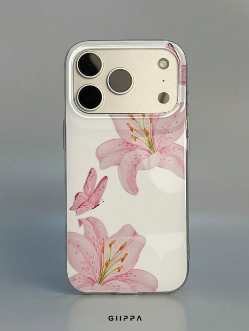 GIIPPA 1pc Pink Hibiscus And Butterfly Pattern Design, Phone 17 Pro Max Phone Case, Compatible With Phone 16 Pro Max, 15 Pro Max, 14 Pro Max, Korean-Style High-End Fashion Fun Phone Case, Compatible W