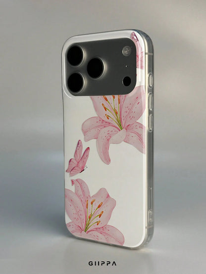 GIIPPA 1pc Pink Hibiscus And Butterfly Pattern Design, Phone 17 Pro Max Phone Case, Compatible With Phone 16 Pro Max, 15 Pro Max, 14 Pro Max, Korean-Style High-End Fashion Fun Phone Case, Compatible W