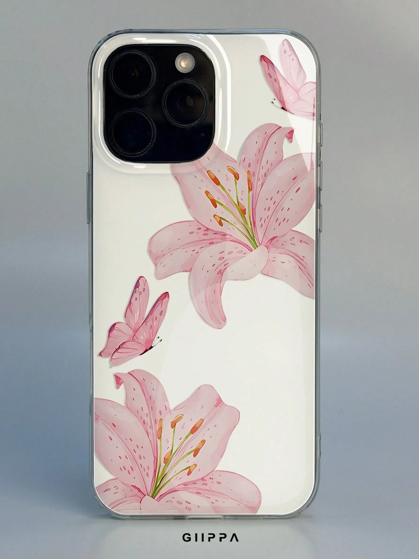 GIIPPA 1pc Pink Hibiscus And Butterfly Pattern Design, Phone 17 Pro Max Phone Case, Compatible With Phone 16 Pro Max, 15 Pro Max, 14 Pro Max, Korean-Style High-End Fashion Fun Phone Case, Compatible W