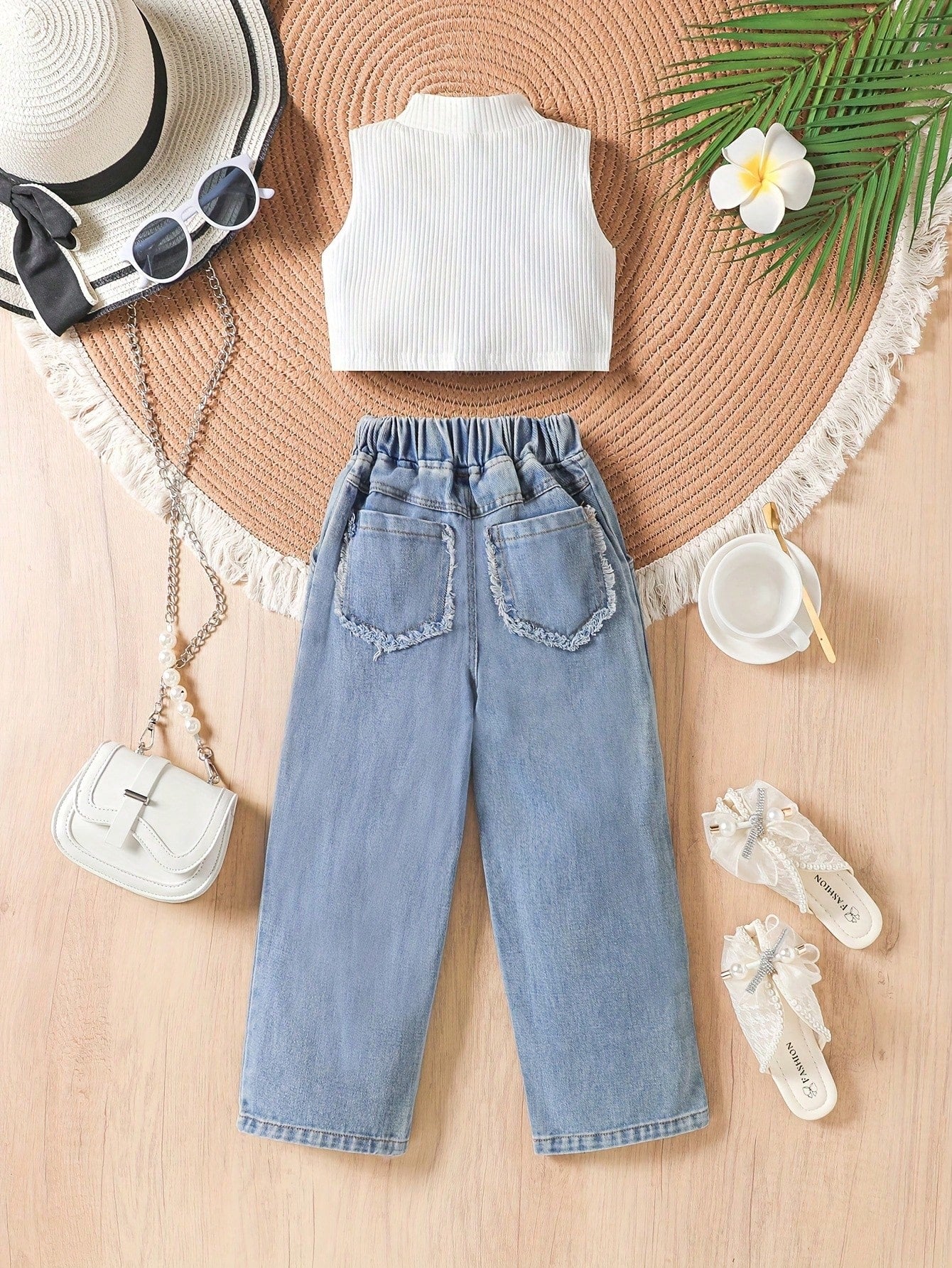Girls 4-8Y 2Pcs Outfit, Ribbed Sleeveless Crop Tank Top + Ripped Wide Leg Denim Capri Pants, Summer Kids Casual Set,Summer Casual,Daily Play
