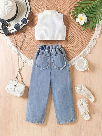 Girls 4-8Y 2Pcs Outfit, Ribbed Sleeveless Crop Tank Top + Ripped Wide Leg Denim Capri Pants, Summer Kids Casual Set,Summer Casual,Daily Play