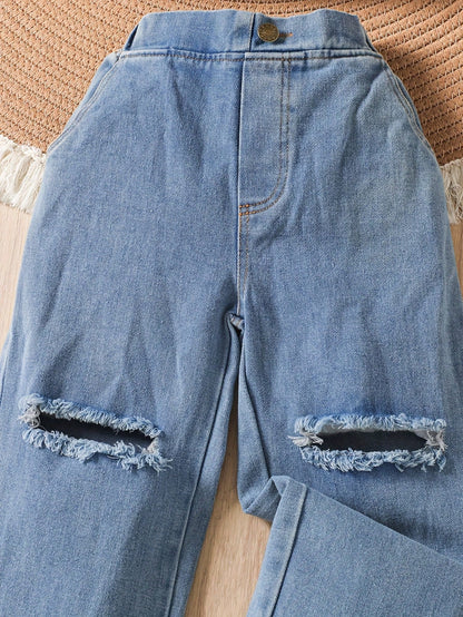 Girls 4-8Y 2Pcs Outfit, Ribbed Sleeveless Crop Tank Top + Ripped Wide Leg Denim Capri Pants, Summer Kids Casual Set,Summer Casual,Daily Play