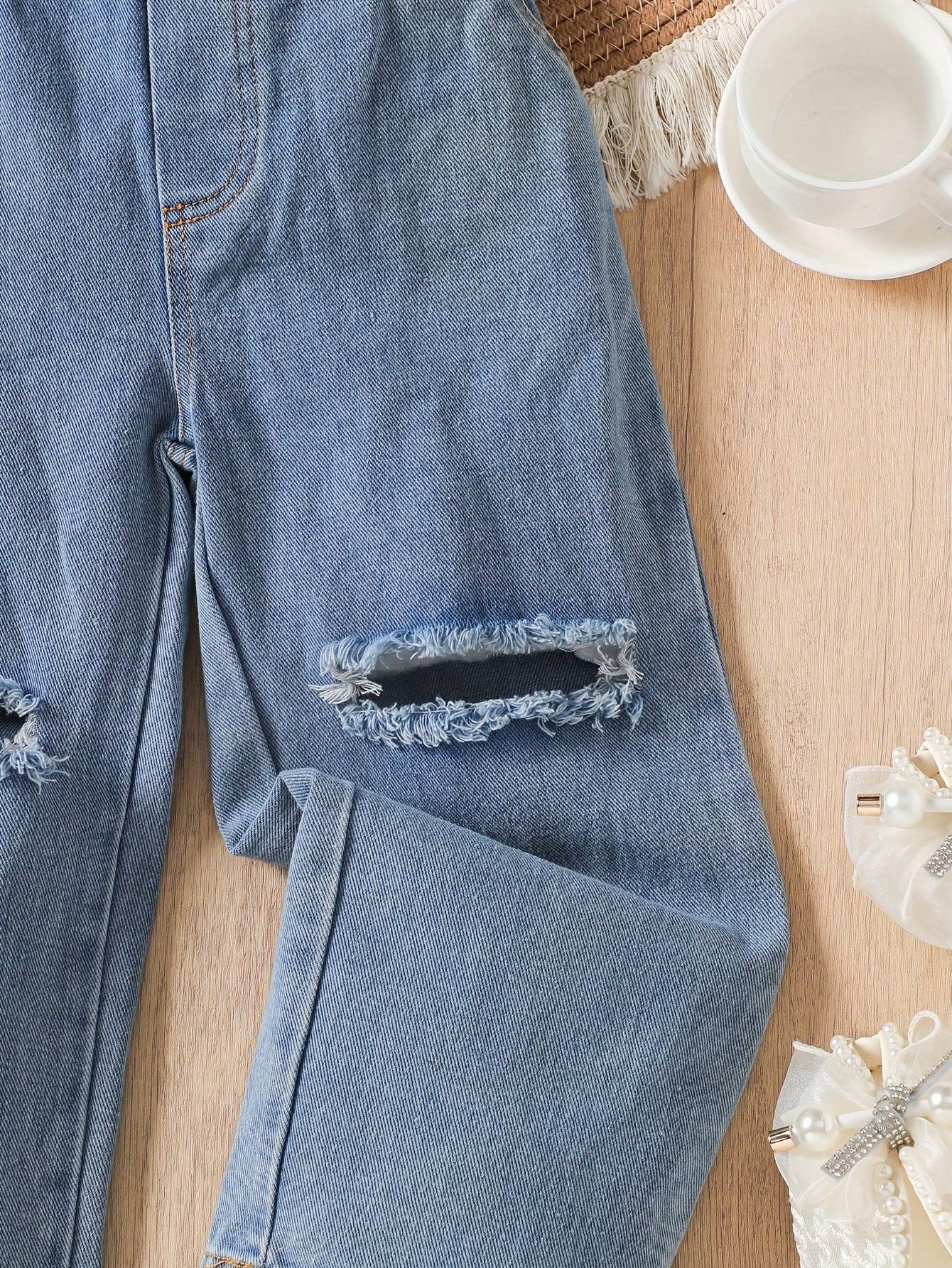 Girls 4-8Y 2Pcs Outfit, Ribbed Sleeveless Crop Tank Top + Ripped Wide Leg Denim Capri Pants, Summer Kids Casual Set,Summer Casual,Daily Play