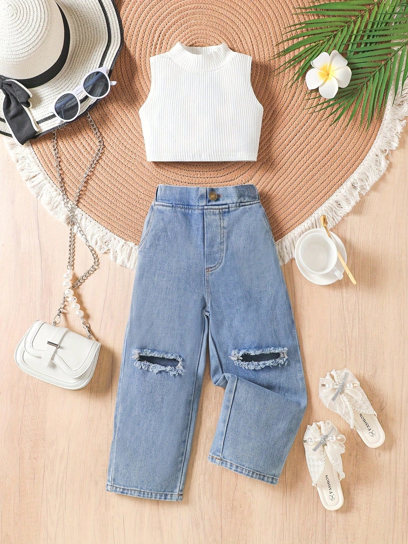 Girls 4-8Y 2Pcs Outfit, Ribbed Sleeveless Crop Tank Top + Ripped Wide Leg Denim Capri Pants, Summer Kids Casual Set,Summer Casual,Daily Play