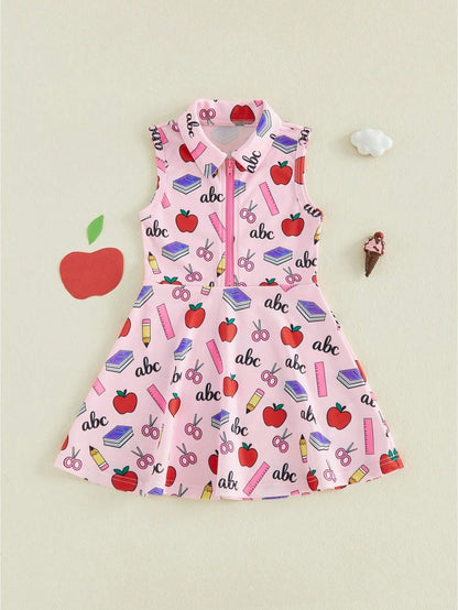 Girls Back To School Dress Sleeveless Lapel Collar Pencil Apple Book Print Half Zipper A Line Tank Dress