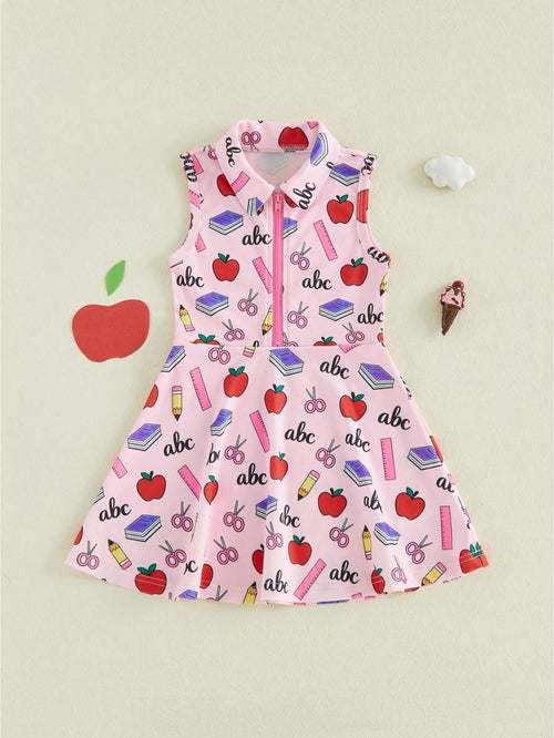 Girls Back To School Dress Sleeveless Lapel Collar Pencil Apple Book Print Half Zipper A Line Tank Dress