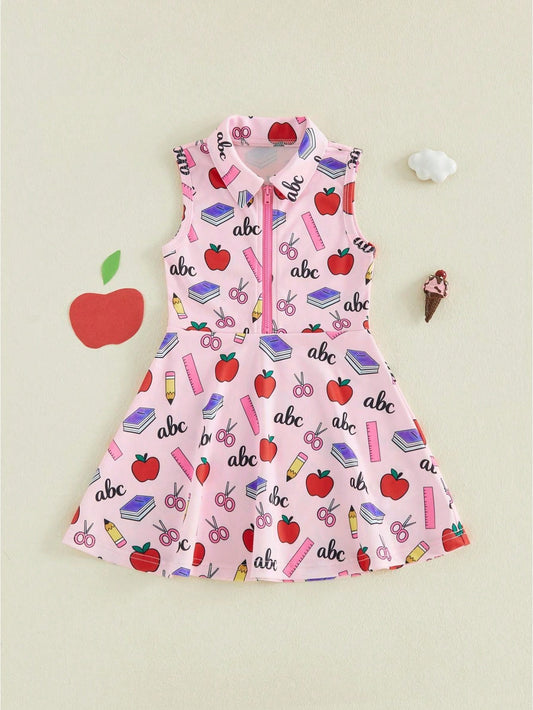 Girls Back To School Dress Sleeveless Lapel Collar Pencil Apple Book Print Half Zipper A Line Tank Dress