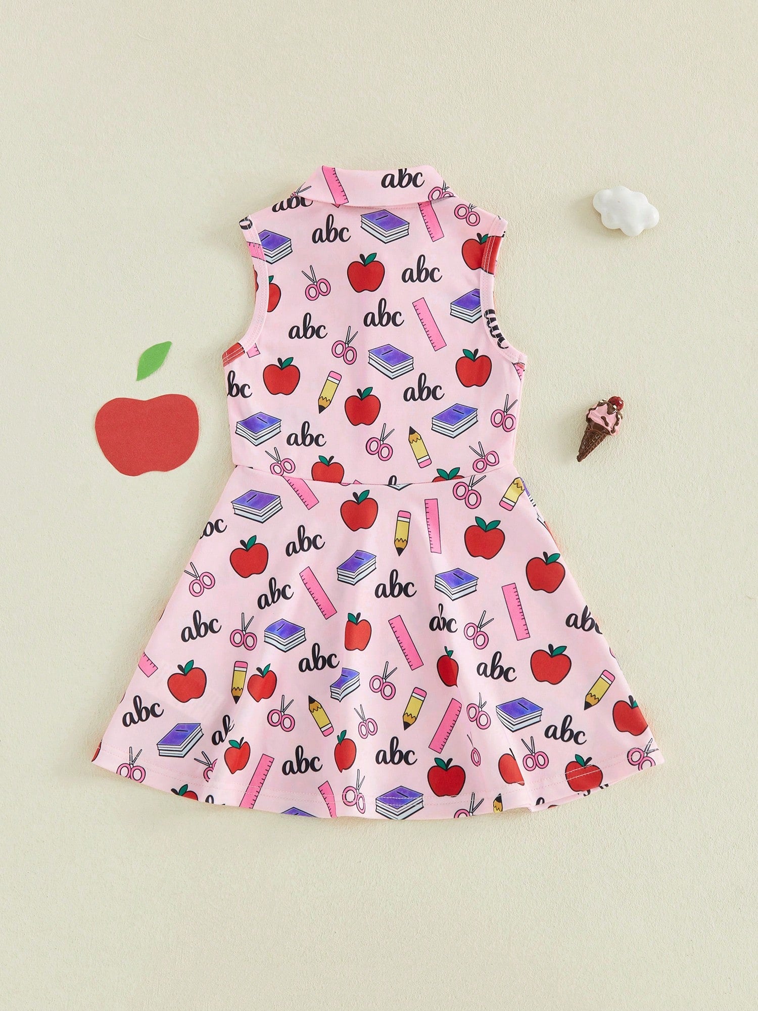 Girls Back To School Dress Sleeveless Lapel Collar Pencil Apple Book Print Half Zipper A Line Tank Dress