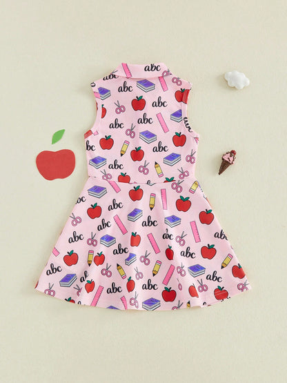 Girls Back To School Dress Sleeveless Lapel Collar Pencil Apple Book Print Half Zipper A Line Tank Dress