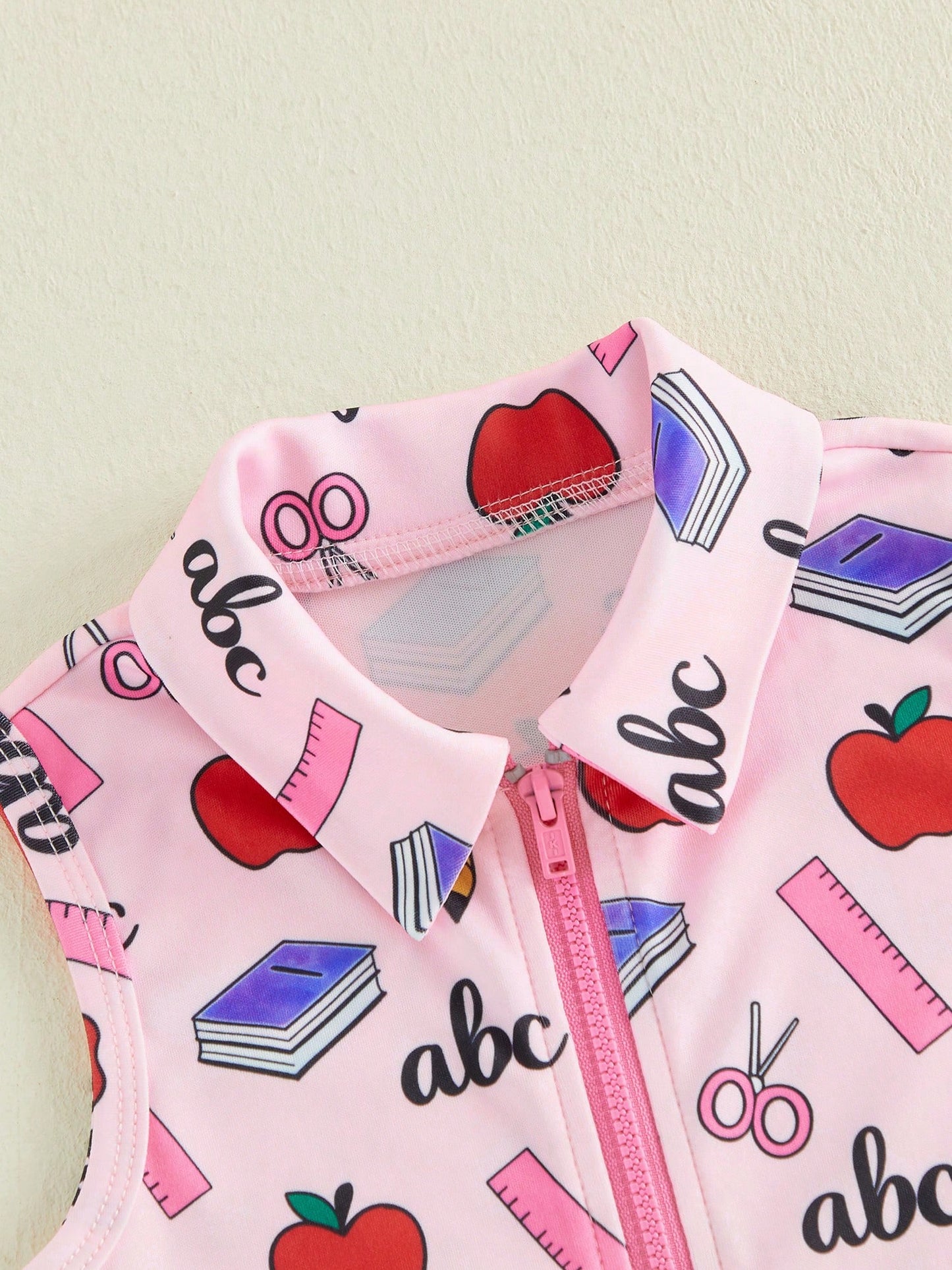 Girls Back To School Dress Sleeveless Lapel Collar Pencil Apple Book Print Half Zipper A Line Tank Dress