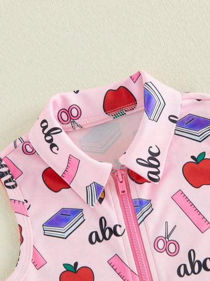 Girls Back To School Dress Sleeveless Lapel Collar Pencil Apple Book Print Half Zipper A Line Tank Dress