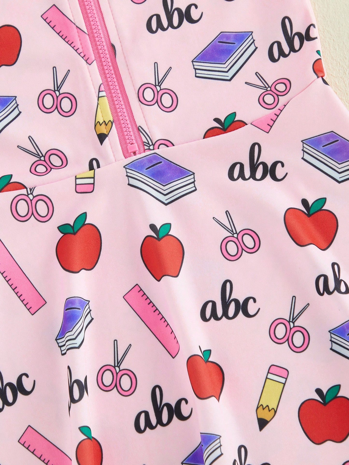 Girls Back To School Dress Sleeveless Lapel Collar Pencil Apple Book Print Half Zipper A Line Tank Dress
