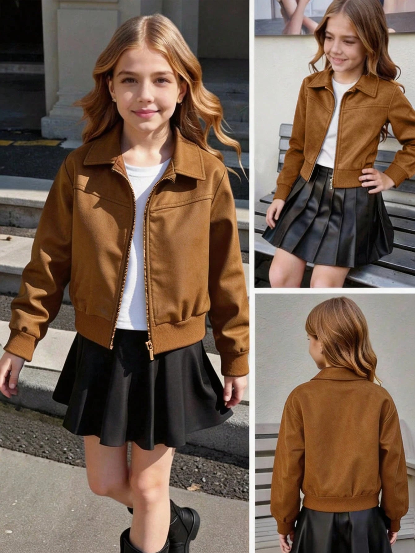 Girls' Comfortable Casual Lapel Zipper Streetwear Cool Versatile Motorcycle Loose Jacket, Soft Fabric, Suitable For Daily School, Commuting, Gatherings, Autumn/Winter Outfit