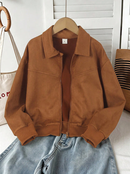 Girls' Comfortable Casual Lapel Zipper Streetwear Cool Versatile Motorcycle Loose Jacket, Soft Fabric, Suitable For Daily School, Commuting, Gatherings, Autumn/Winter Outfit