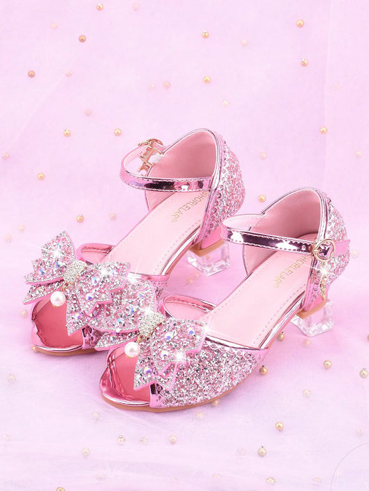Girls' Fashion High Heel Sandals, Princess Style Spring/Summer New Arrival, Peep Toe Bowknot Glitter Dress Shoes, Suitable For Formal Occasions, Weddings, Parties, Flower Girl