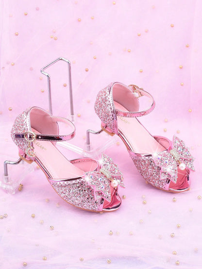 Girls' Fashion High Heel Sandals, Princess Style Spring/Summer New Arrival, Peep Toe Bowknot Glitter Dress Shoes, Suitable For Formal Occasions, Weddings, Parties, Flower Girl
