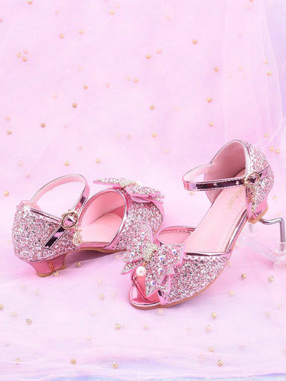Girls' Fashion High Heel Sandals, Princess Style Spring/Summer New Arrival, Peep Toe Bowknot Glitter Dress Shoes, Suitable For Formal Occasions, Weddings, Parties, Flower Girl
