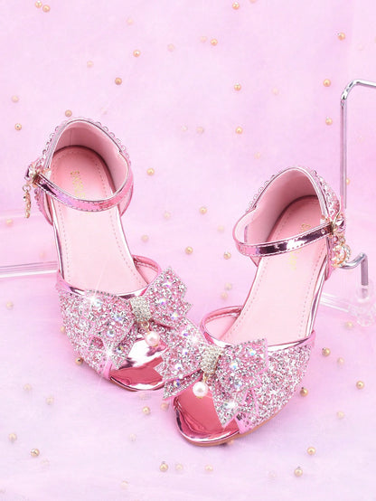 Girls' Fashion High Heel Sandals, Princess Style Spring/Summer New Arrival, Peep Toe Bowknot Glitter Dress Shoes, Suitable For Formal Occasions, Weddings, Parties, Flower Girl