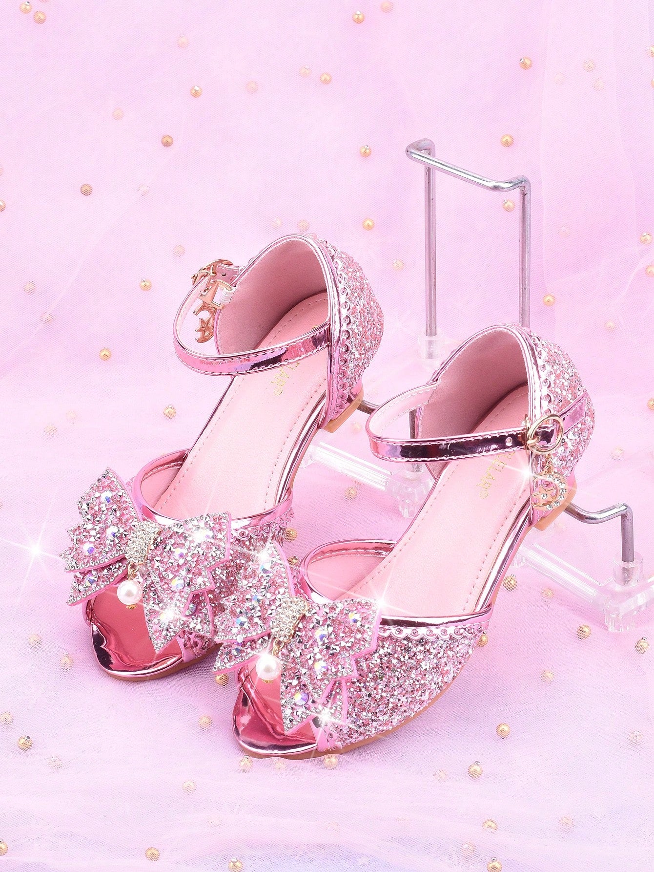Girls' Fashion High Heel Sandals, Princess Style Spring/Summer New Arrival, Peep Toe Bowknot Glitter Dress Shoes, Suitable For Formal Occasions, Weddings, Parties, Flower Girl