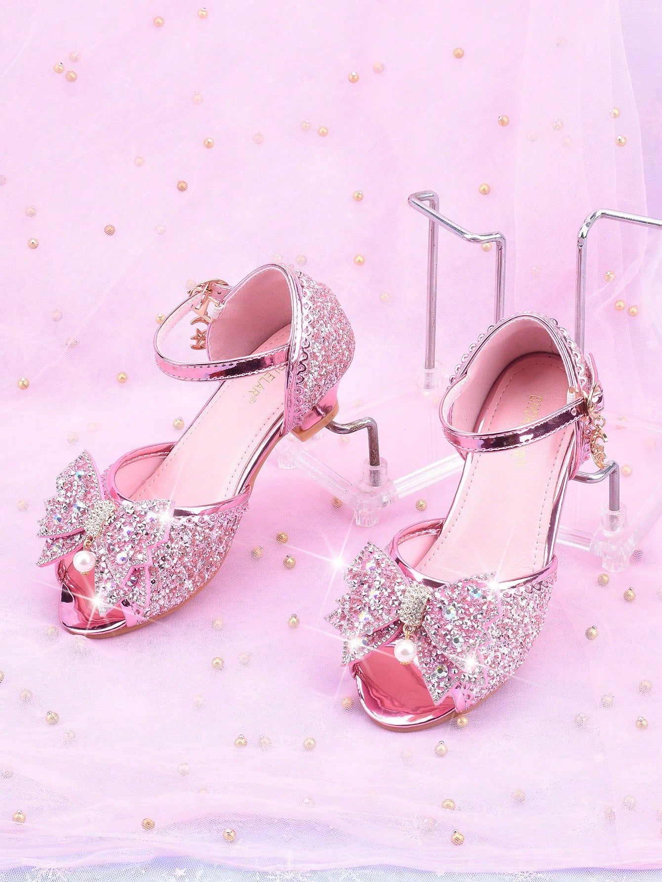 Girls' Fashion High Heel Sandals, Princess Style Spring/Summer New Arrival, Peep Toe Bowknot Glitter Dress Shoes, Suitable For Formal Occasions, Weddings, Parties, Flower Girl