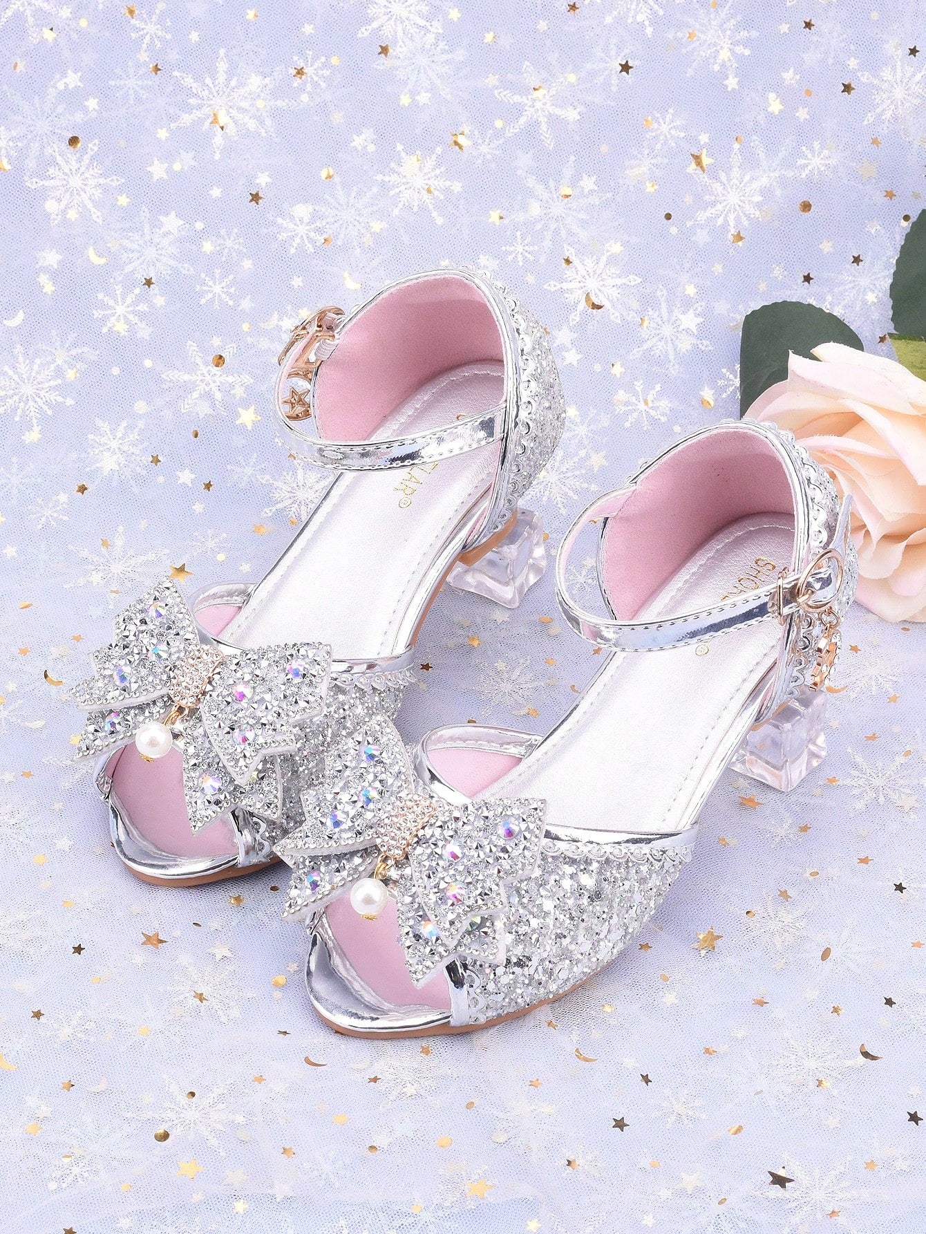 Girls' Fashion High Heel Sandals, Princess Style Spring/Summer New Arrival, Peep Toe Bowknot Glitter Dress Shoes, Suitable For Formal Occasions, Weddings, Parties, Flower Girl