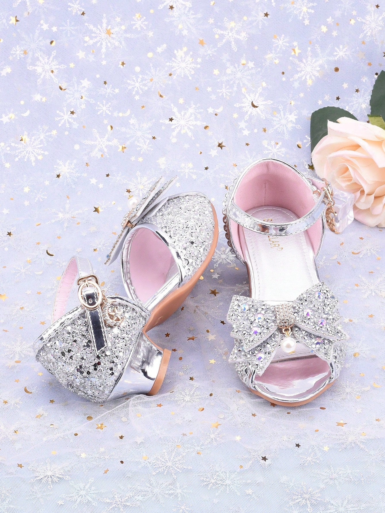 Girls' Fashion High Heel Sandals, Princess Style Spring/Summer New Arrival, Peep Toe Bowknot Glitter Dress Shoes, Suitable For Formal Occasions, Weddings, Parties, Flower Girl