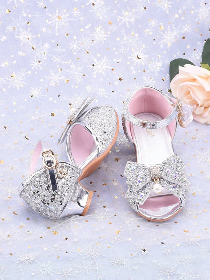 Girls' Fashion High Heel Sandals, Princess Style Spring/Summer New Arrival, Peep Toe Bowknot Glitter Dress Shoes, Suitable For Formal Occasions, Weddings, Parties, Flower Girl
