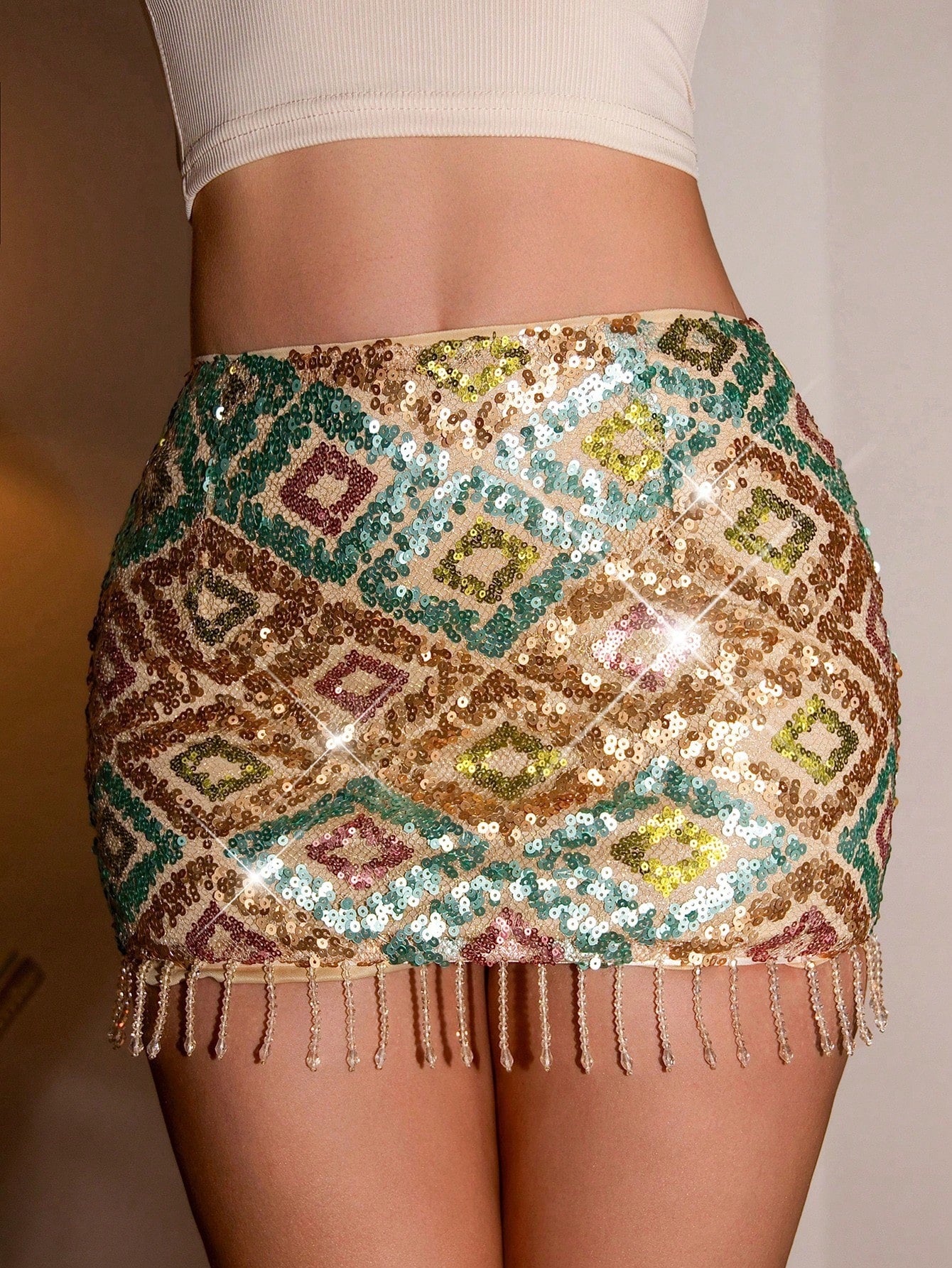 Glamour Women's Rhombus Sequin Patchwork Tassel Design Fashionable Versatile Date Party Mini Skirt