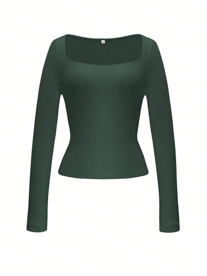 GLAMSKIN Women's Striped Sexy Fitted Long Sleeve Knit Top, Solid Color Square Neck Basic T-Shirt, Suitable For Autumn Outings, Daily Casual Streetwear, Back To School Season