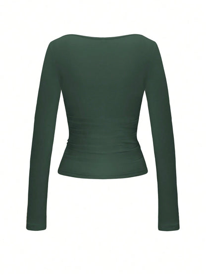 GLAMSKIN Women's Striped Sexy Fitted Long Sleeve Knit Top, Solid Color Square Neck Basic T-Shirt, Suitable For Autumn Outings, Daily Casual Streetwear, Back To School Season