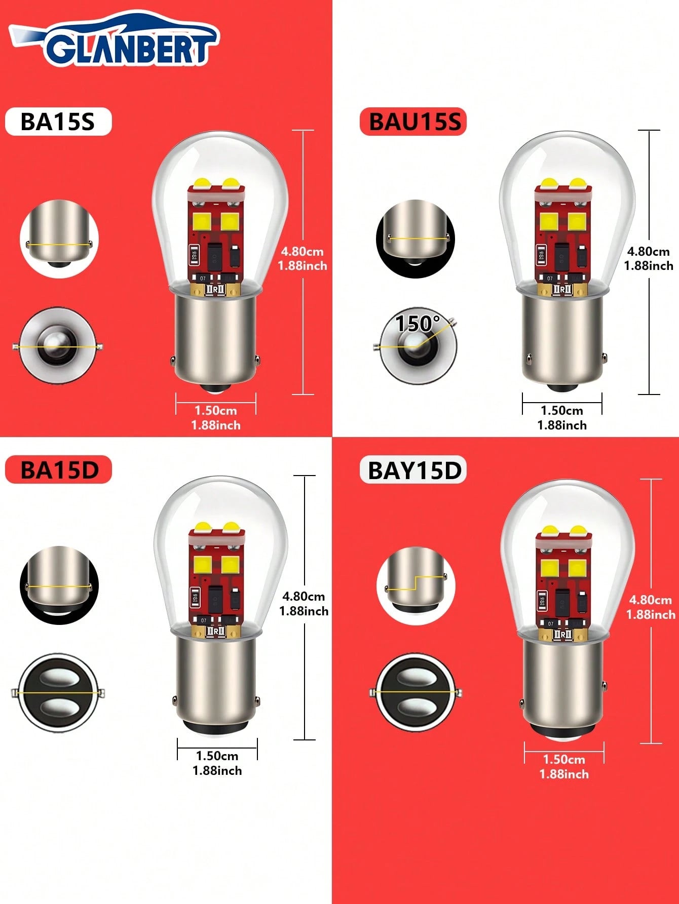 GLANBERT 2pcs Car Turn Signal Lamp/Brake Light/Tail Light/Headlight/Reverse Light/Brake Light Bulbs, 1156 1157 BA15S BAU15S BA15D BAY15D