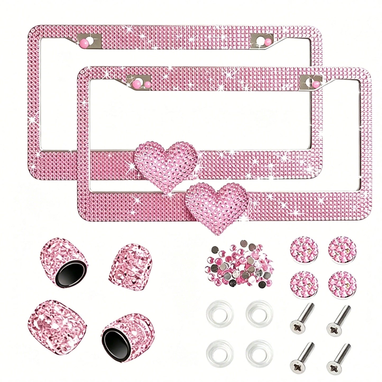 Glitter Crystal License Plate Frame, Stainless Steel Rhinestone Frame With Sparkling Screw Caps, Multi-Color Pink Heart Design, Girls Car Decor Accessories