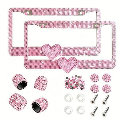 Glitter Crystal License Plate Frame, Stainless Steel Rhinestone Frame With Sparkling Screw Caps, Multi-Color Pink Heart Design, Girls Car Decor Accessories