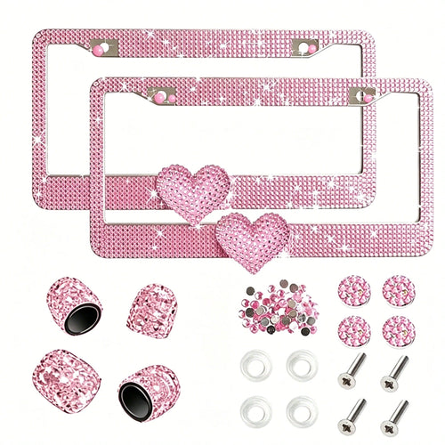 Glitter Crystal License Plate Frame, Stainless Steel Rhinestone Frame With Sparkling Screw Caps, Multi-Color Pink Heart Design, Girls Car Decor Accessories