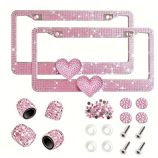 Glitter Crystal License Plate Frame, Stainless Steel Rhinestone Frame With Sparkling Screw Caps, Multi-Color Pink Heart Design, Girls Car Decor Accessories