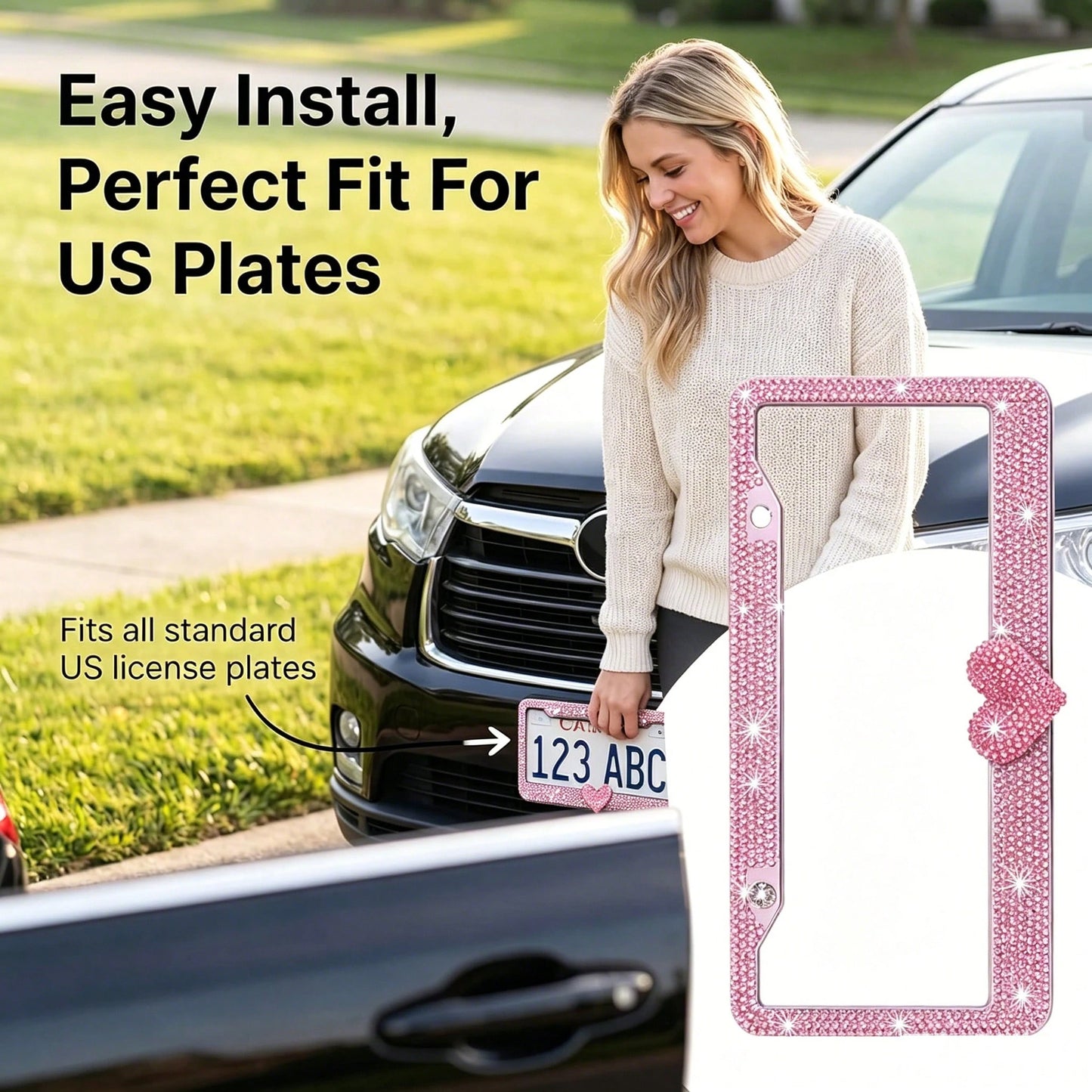 Glitter Crystal License Plate Frame, Stainless Steel Rhinestone Frame With Sparkling Screw Caps, Multi-Color Pink Heart Design, Girls Car Decor Accessories