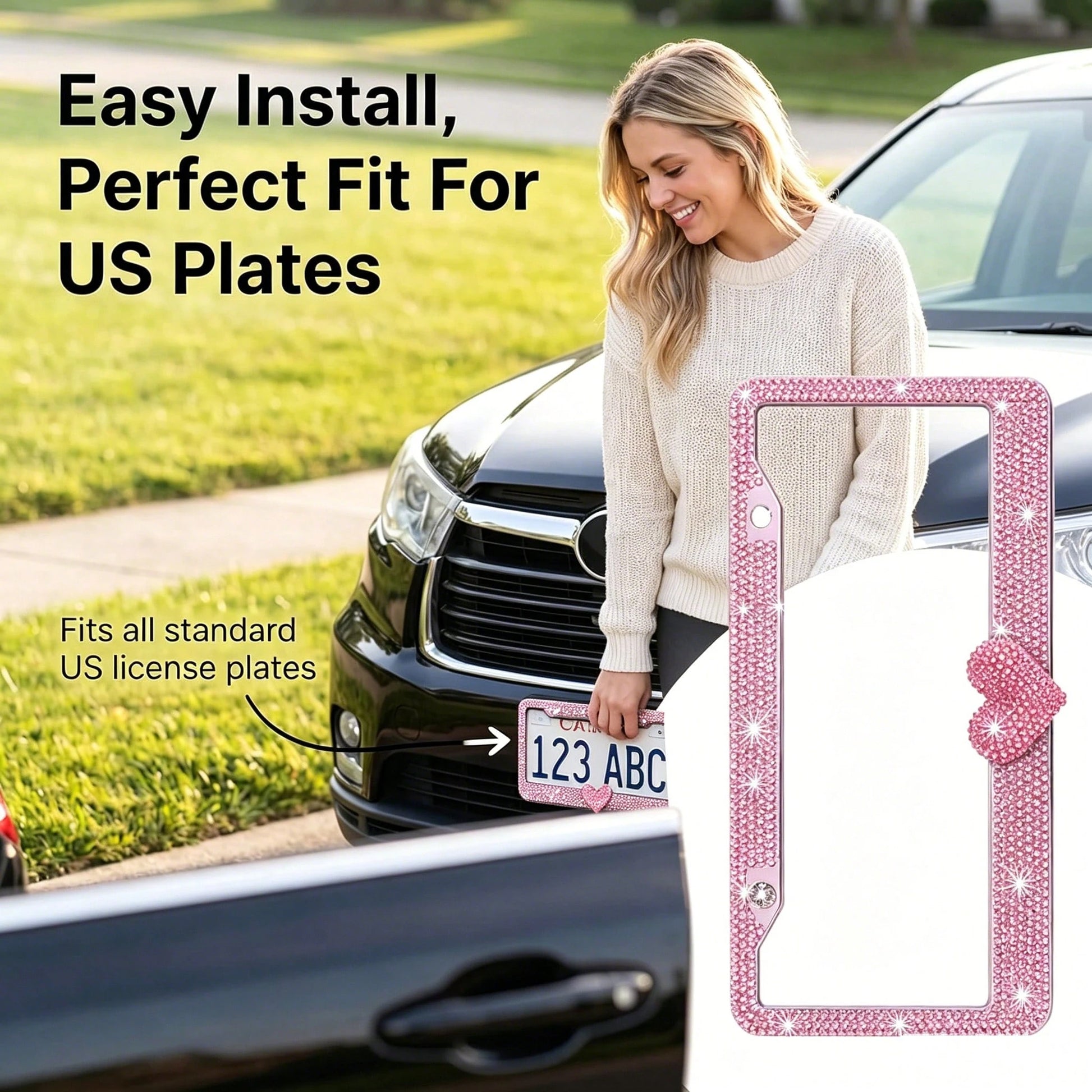 Glitter Crystal License Plate Frame, Stainless Steel Rhinestone Frame With Sparkling Screw Caps, Multi-Color Pink Heart Design, Girls Car Decor Accessories
