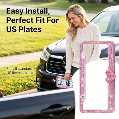 Glitter Crystal License Plate Frame, Stainless Steel Rhinestone Frame With Sparkling Screw Caps, Multi-Color Pink Heart Design, Girls Car Decor Accessories