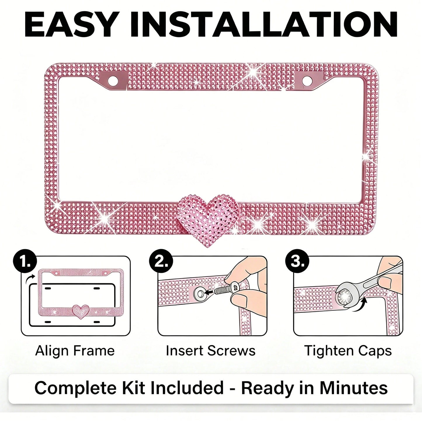 Glitter Crystal License Plate Frame, Stainless Steel Rhinestone Frame With Sparkling Screw Caps, Multi-Color Pink Heart Design, Girls Car Decor Accessories