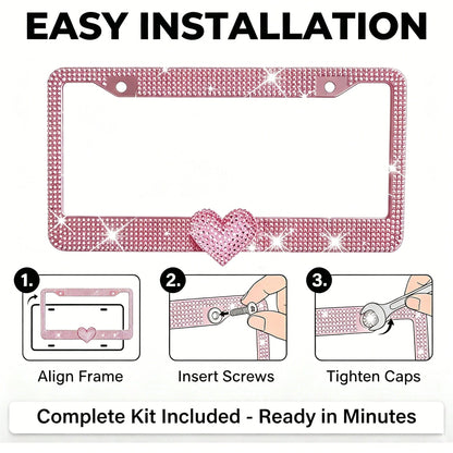 Glitter Crystal License Plate Frame, Stainless Steel Rhinestone Frame With Sparkling Screw Caps, Multi-Color Pink Heart Design, Girls Car Decor Accessories