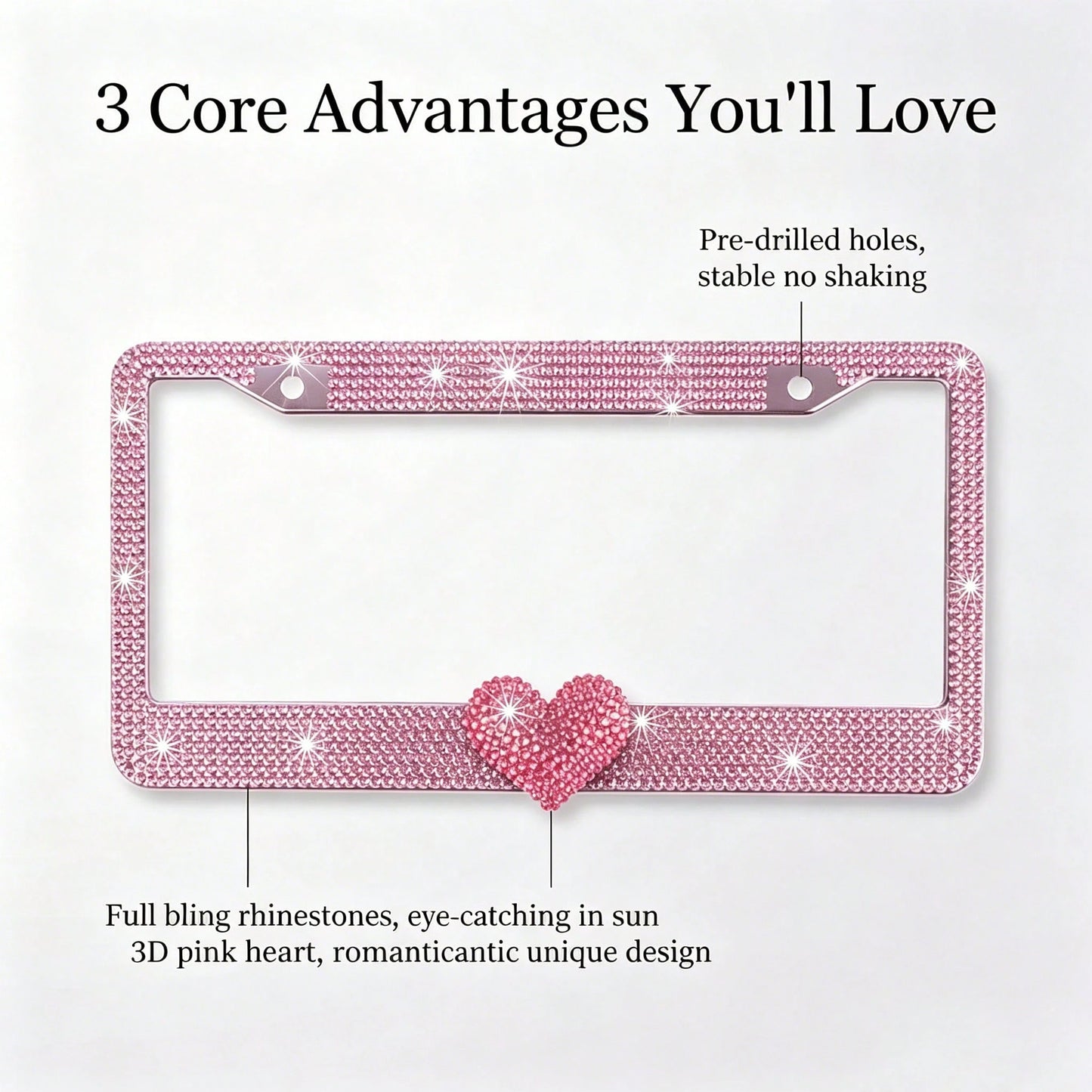 Glitter Crystal License Plate Frame, Stainless Steel Rhinestone Frame With Sparkling Screw Caps, Multi-Color Pink Heart Design, Girls Car Decor Accessories