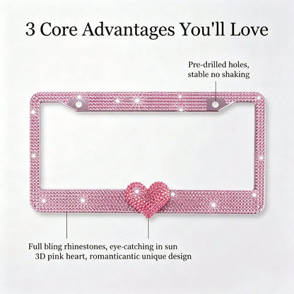 Glitter Crystal License Plate Frame, Stainless Steel Rhinestone Frame With Sparkling Screw Caps, Multi-Color Pink Heart Design, Girls Car Decor Accessories