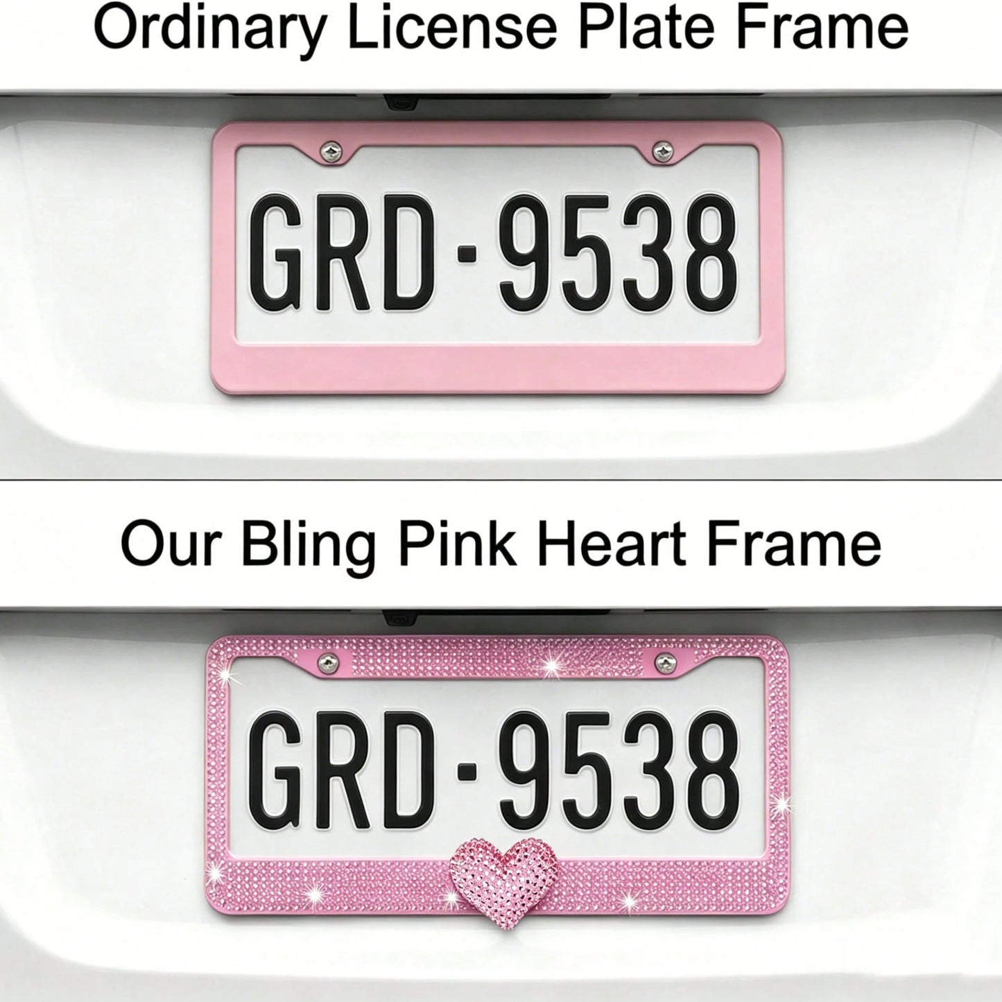 Glitter Crystal License Plate Frame, Stainless Steel Rhinestone Frame With Sparkling Screw Caps, Multi-Color Pink Heart Design, Girls Car Decor Accessories