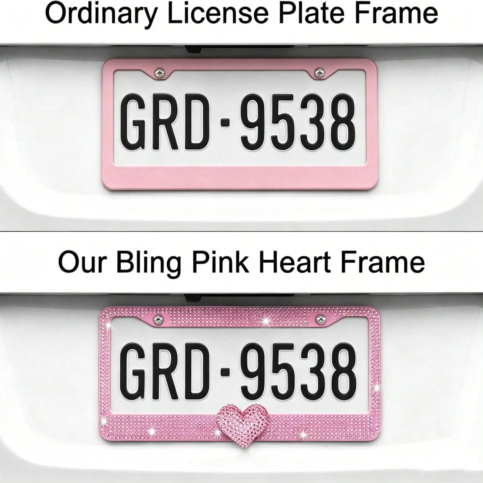 Glitter Crystal License Plate Frame, Stainless Steel Rhinestone Frame With Sparkling Screw Caps, Multi-Color Pink Heart Design, Girls Car Decor Accessories