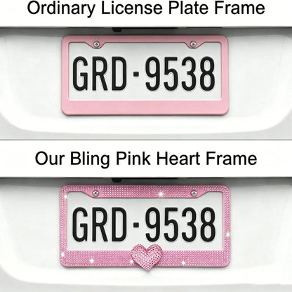 Glitter Crystal License Plate Frame, Stainless Steel Rhinestone Frame With Sparkling Screw Caps, Multi-Color Pink Heart Design, Girls Car Decor Accessories