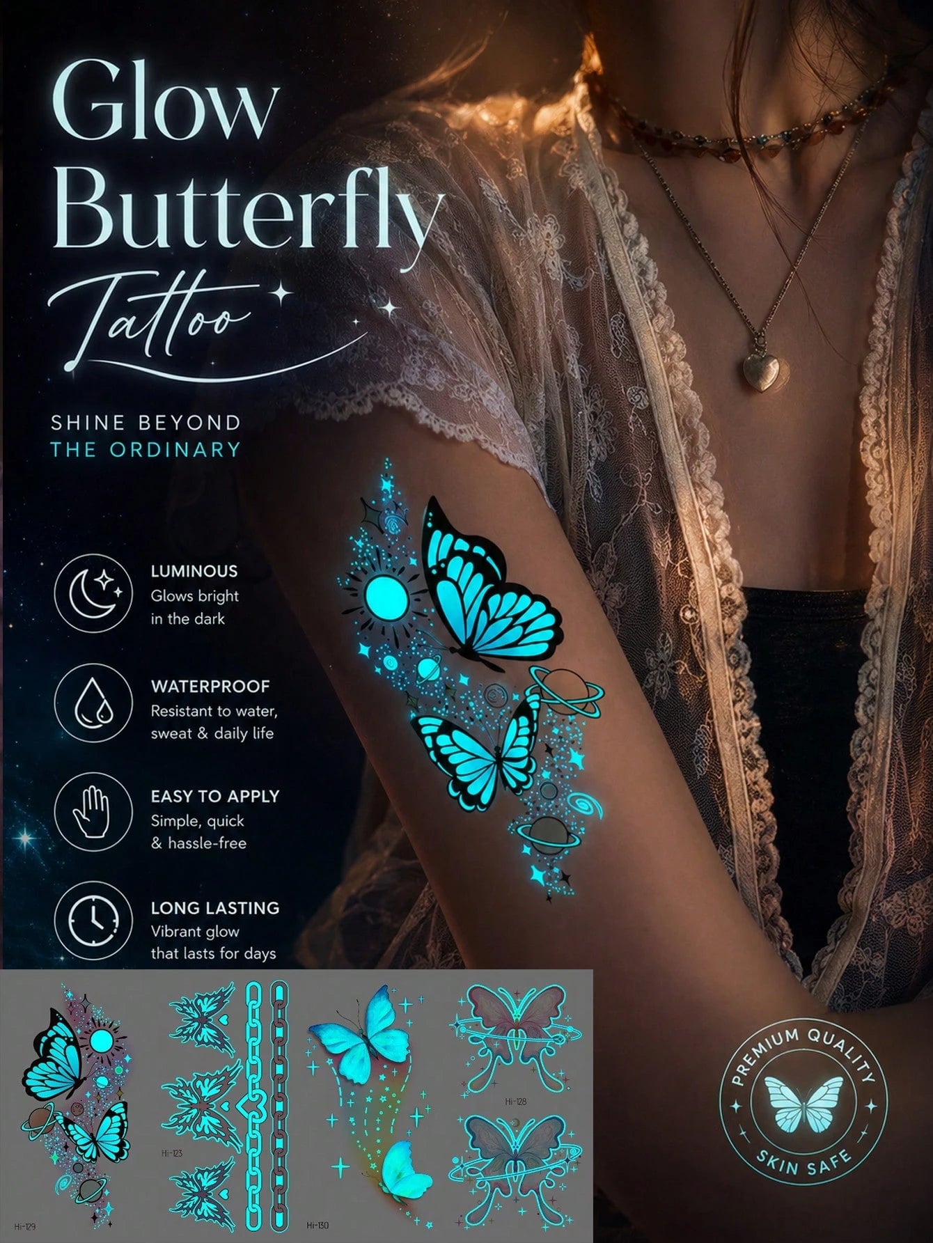 Glow Butterfly Tattoo Sticker, Luminous Butterfly Temporary Tattoo With Galaxy Planet Design, Glow In The Dark Fake Tattoo Decal, Waterproof Long Lasting Body Art For Women Girls, Fantasy Fairy Style