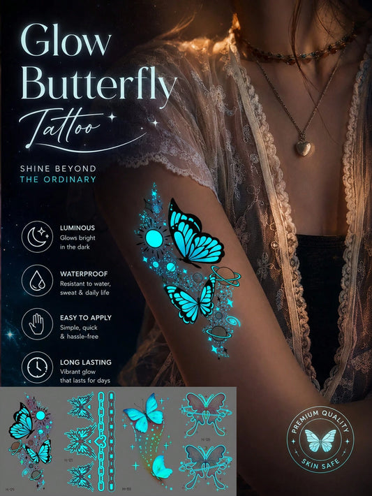 Glow Butterfly Tattoo Sticker, Luminous Butterfly Temporary Tattoo With Galaxy Planet Design, Glow In The Dark Fake Tattoo Decal, Waterproof Long Lasting Body Art For Women Girls, Fantasy Fairy Style